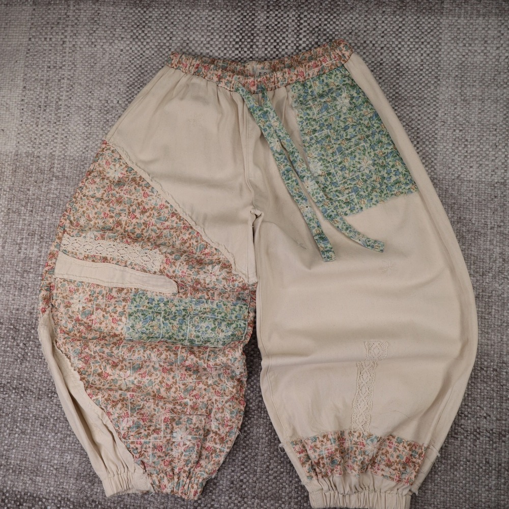 POL Clothing Patchwork Floral Lace Jogger Pants Cream Cottagecore Boho Medium